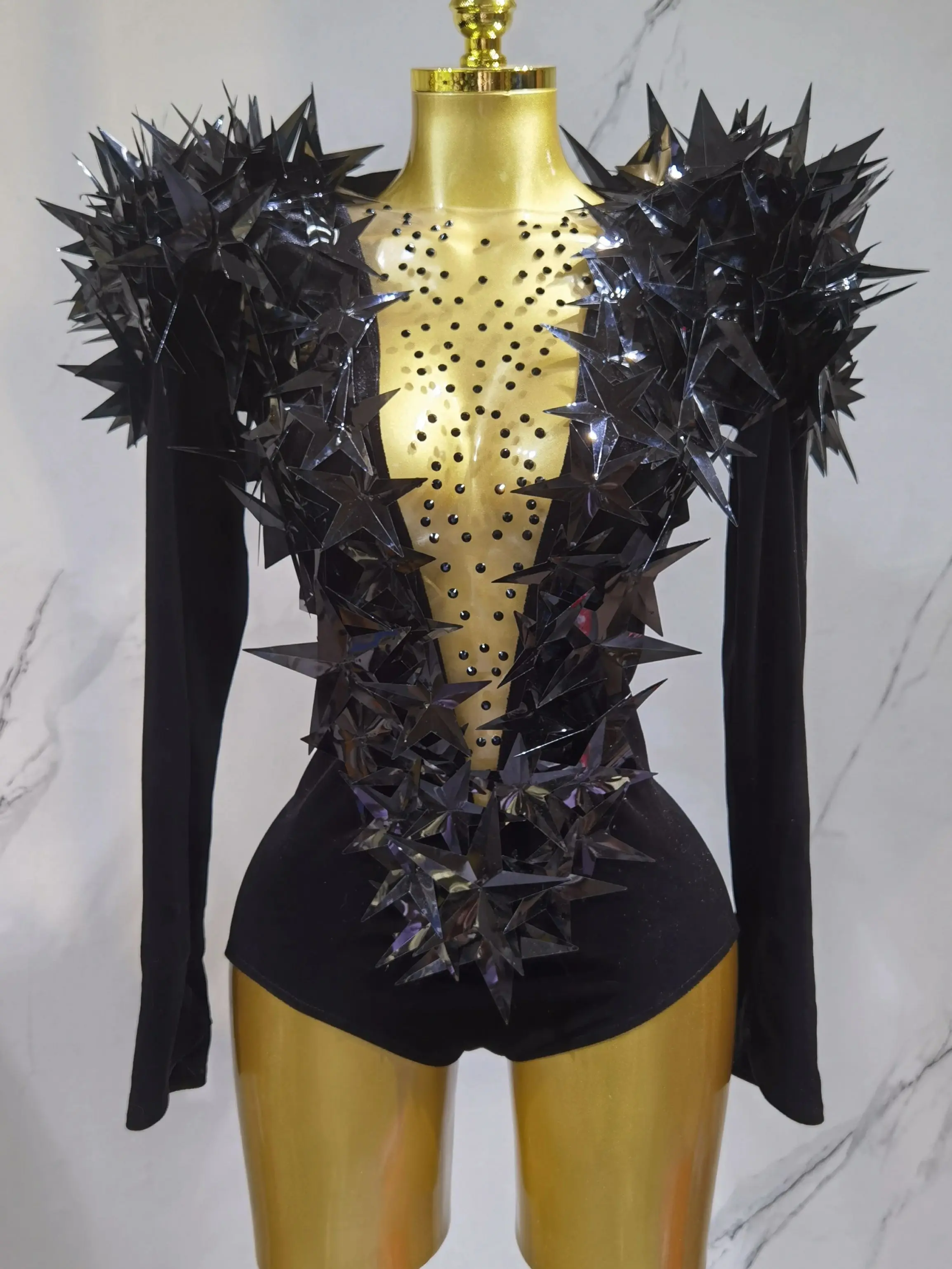 2025 New Shiny Black Rhinestone Velvet Long Sleeve Bodysuit Women Evening Party Club Gala Hosts NightClub Bar Stage Costumes image 6