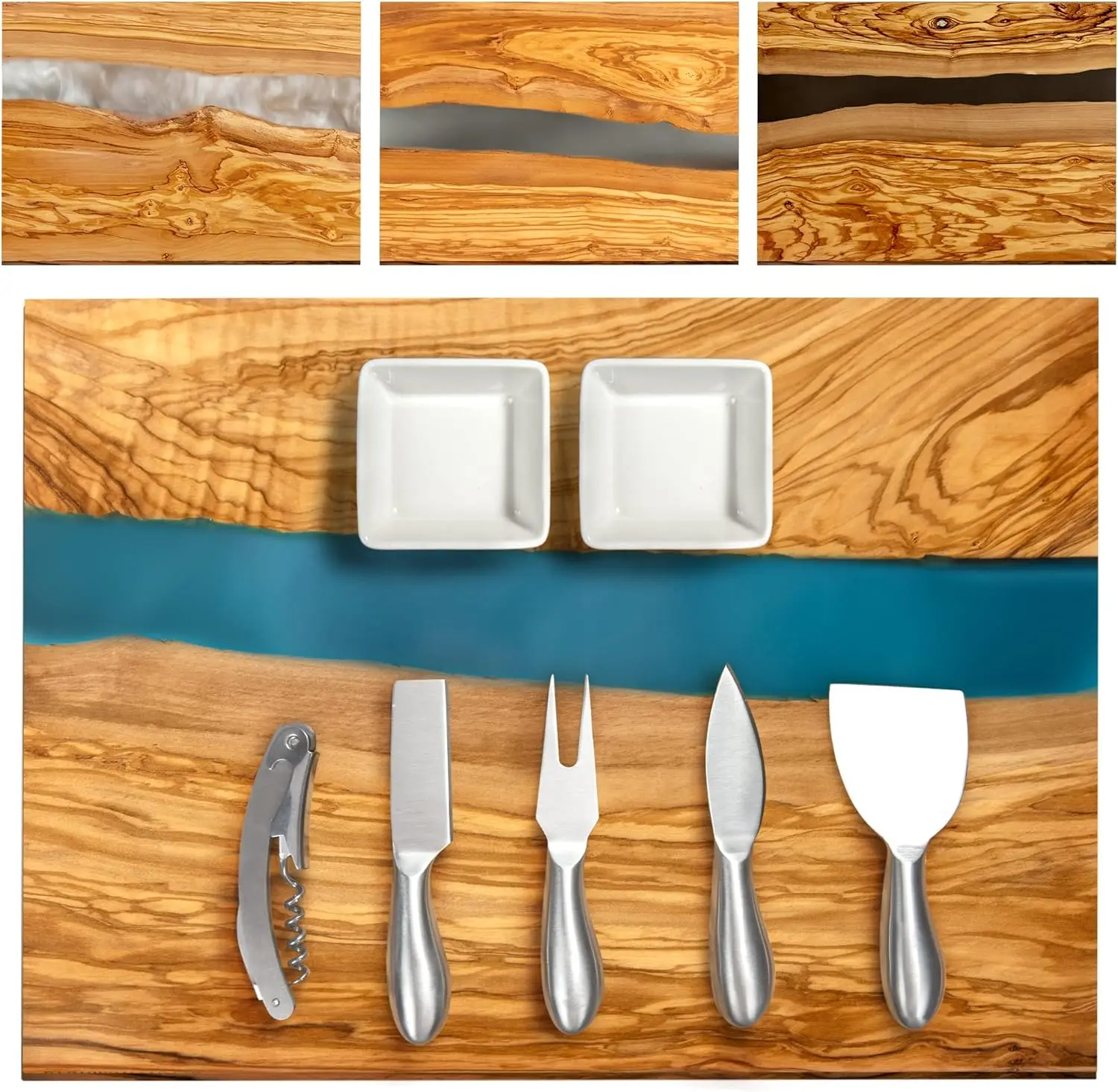 Juego de tabla de carnicero y queso de madera de oliva italiana hecha a mano con ilustraciones únicas de resina azul: tabla de cortar viene