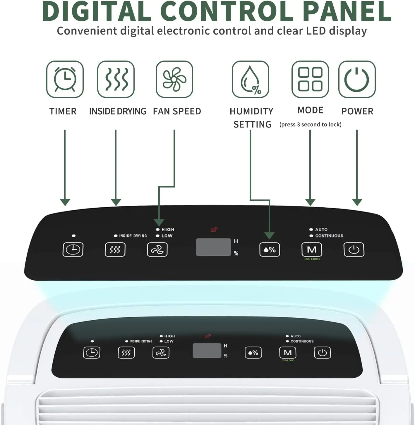 Dehumidifier for large rooms and home basements with efficient dehumidification and adjustable humidity control