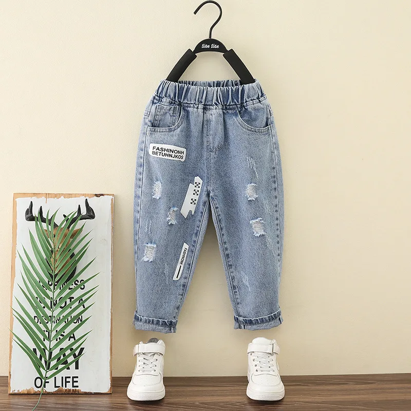 Children's Ripped Jeans Pants Spring and Autumn Clothes Casual Boys Straight Pants Baby Girls Trousers Size: 90-140