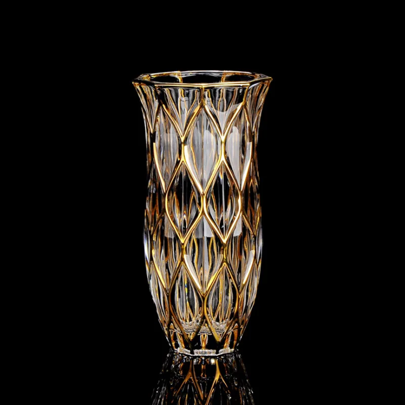 Luxury Bohemian Crystal Glass Vase Classic Cylinder Gold Line Wave Pattern Chic Modern Wedding Birthday Decor Chic Tabletop