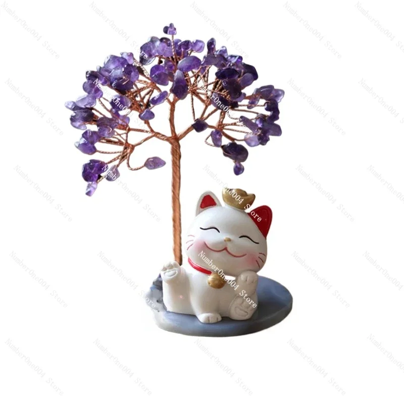 Natural Crystal Powder Crystal Citrine Fortune Tree Lucky Cat Ornament Home Opening Desktop Ornament Cute Little Gift