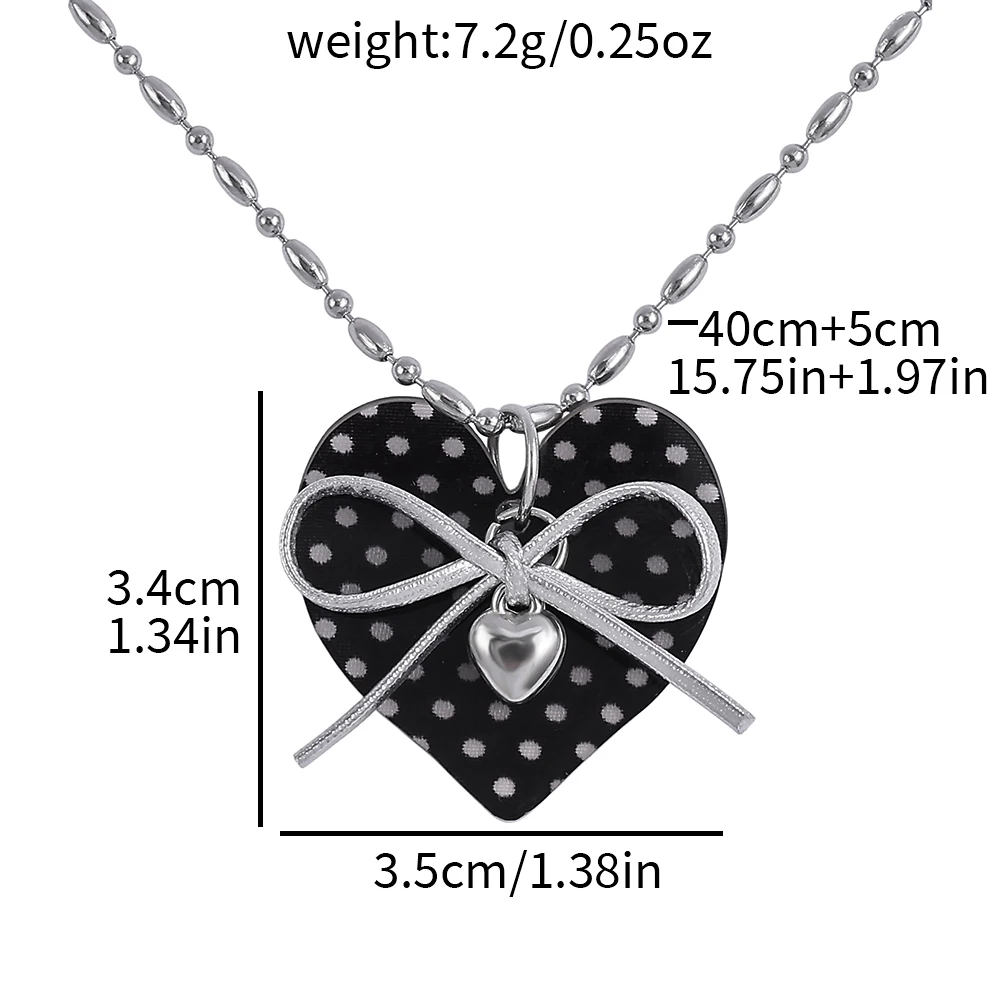 Korean Black Polka Dot Heart Pendant Necklace for Women Fashion Silver Color Bowknot Long Beaded Sweater Chain Y2K Jewelry