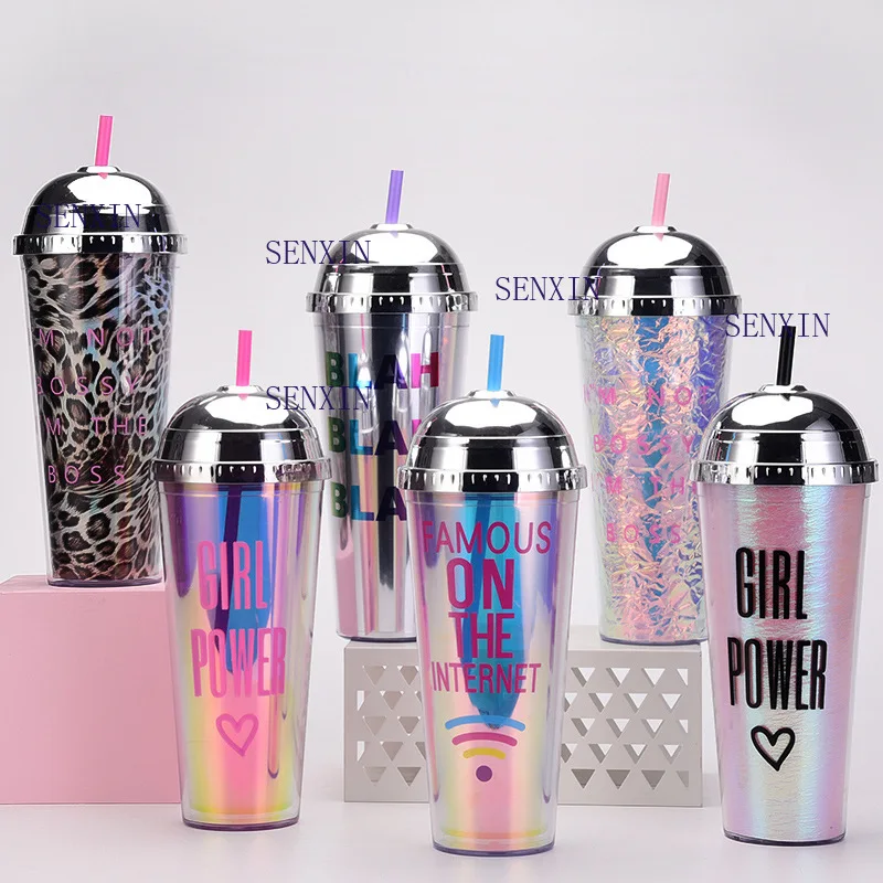 

24oz Straw Cup Leopard Print Iridescent Semi-round Lid Water Cup Large Capacity Portable Double-layer Plastic Cup