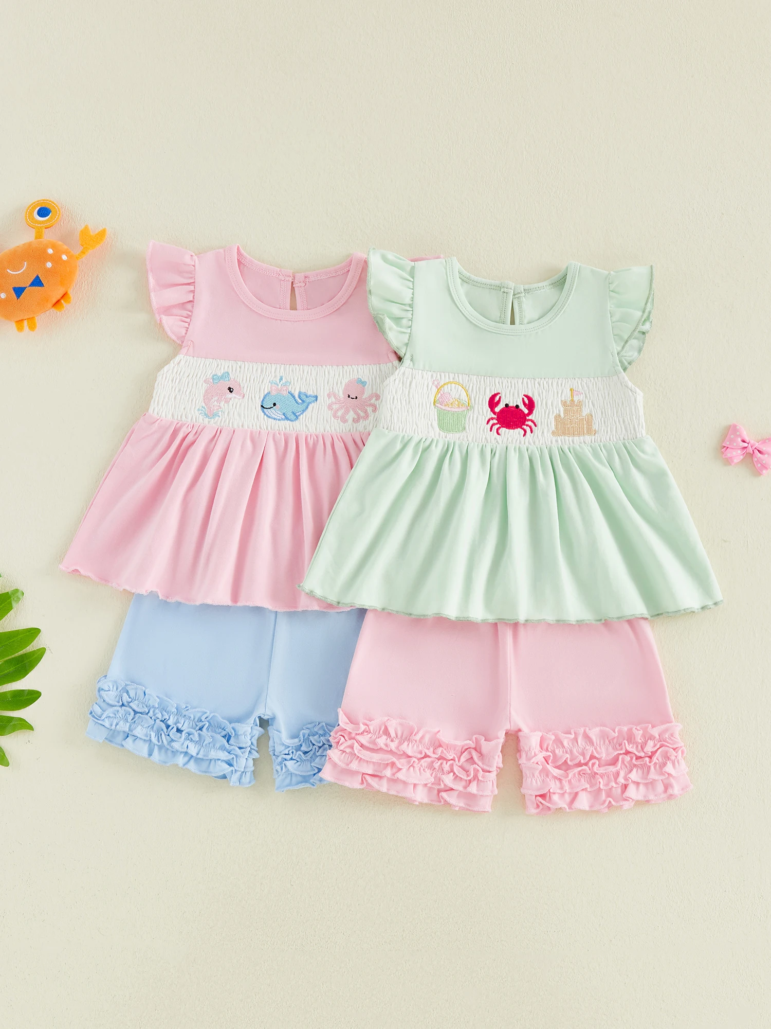 

Adorable Infant Girls Beachwear Set with Flutter Sleeve Crab Whale Applique Top and Frilly Shorts for Summer Fun