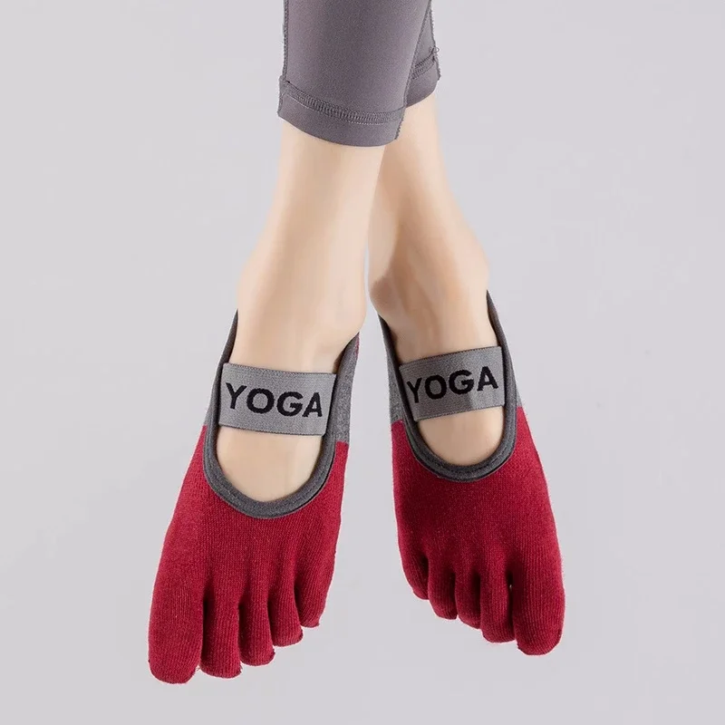 Ladies Breathable Yoga Socks Silicone Non-Slip Five Finger Pilates Socks for Backless Fitness Ballet Dance Cotton Gym Socks