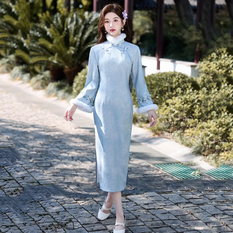 

Yourqipao Blue Fleece-lined Thick Long-sleeved Qipao Traditional Chinese Style Vintage Cheongsam Evening Dress for Women Winter