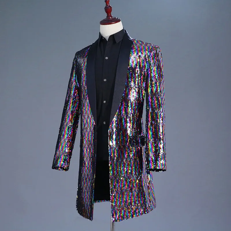 

Men's Long-Length Color-Changing Sequined Jacket Designed for Nightclub Hosts and Singers As Dazzling Stagewear