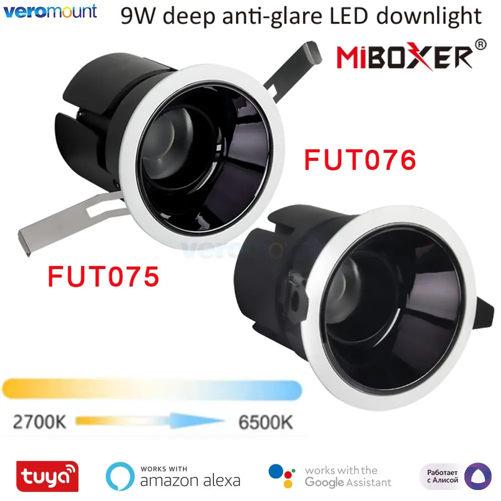 

MiBoxer 9W Deep Anti-glare CCT Dual White LED Downlight FUT075 FUT076 AC 110V 220V Tuya WiFi APP 2.4G RF Беспроводной пульт дистанционного управления