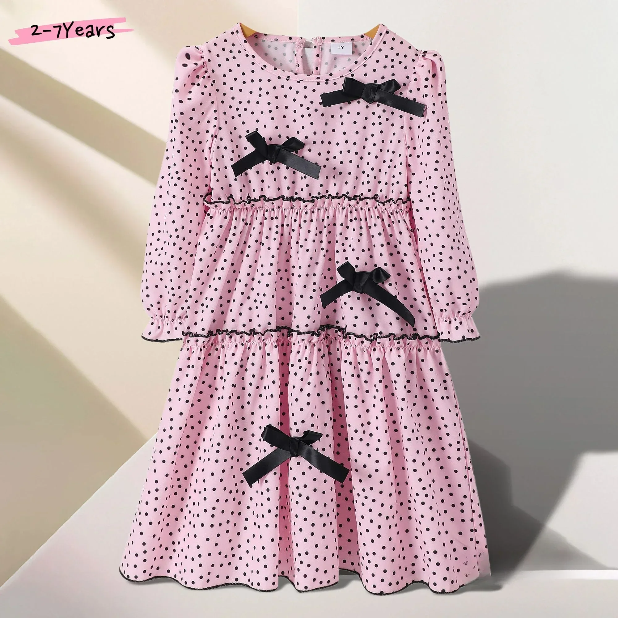 

2025 KIds Dress Girl Clothes Pink Spotted Bow Tie Party Children Dresses Autumn Long Sleeve Rural Retro Girls Dress 2-7 Yrs