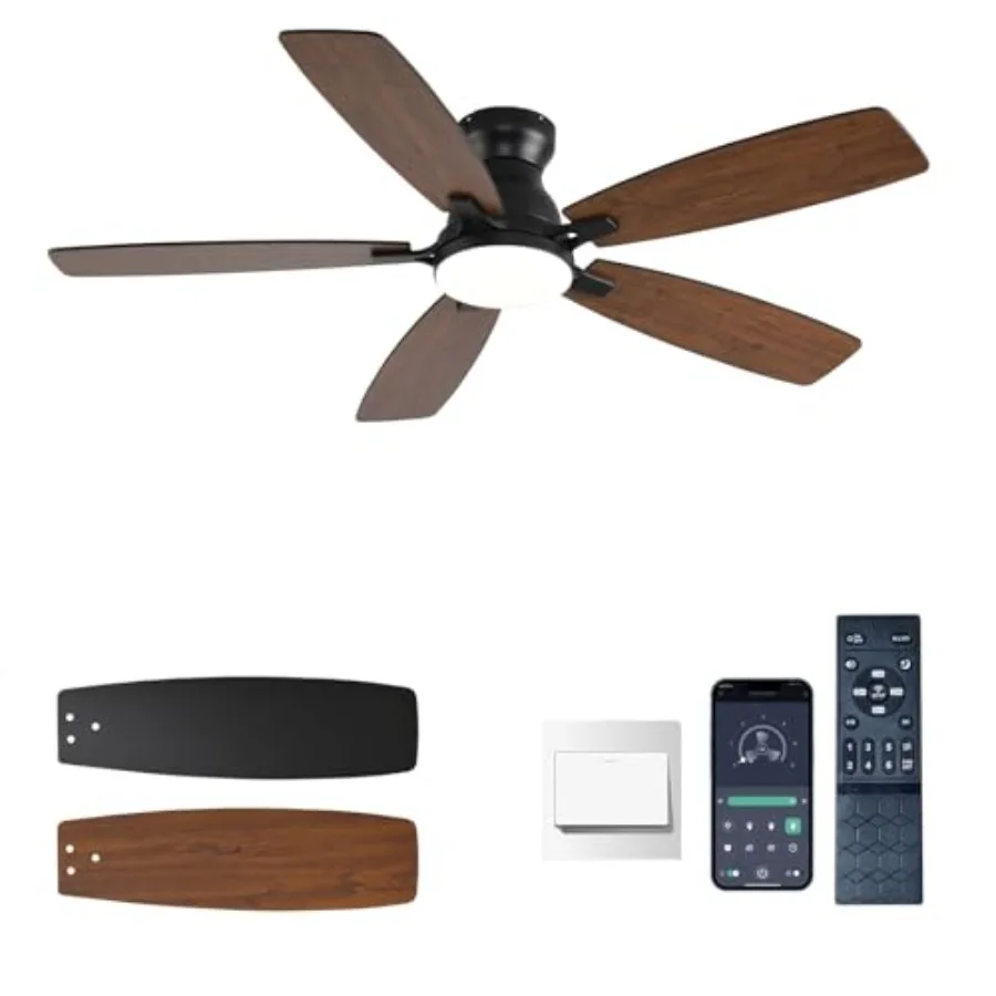 

Bedroom indoor/outdoor ceiling fan with light, low profile flush mount design, brown finish, DC motor for quiet operation, 52-i