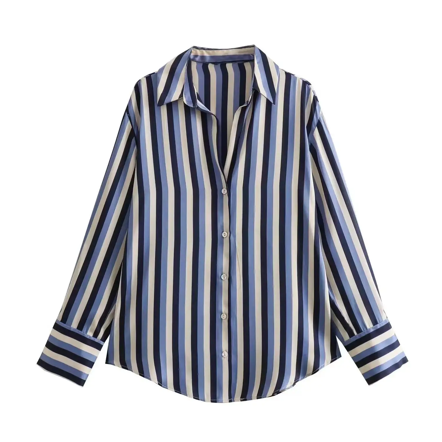 Women's Satin Striped Long Sve irt Ele Profional Workwear Cusizable Design Service DIY