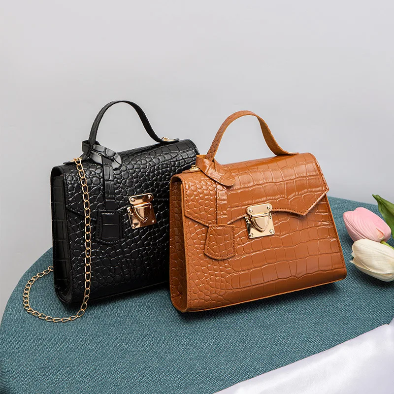 2024 Crocodile Pattern Kelly Bag Ladies Hand Bag Simple Handbag Korean Version Retro Fashion Small Square  for Women   Handbags