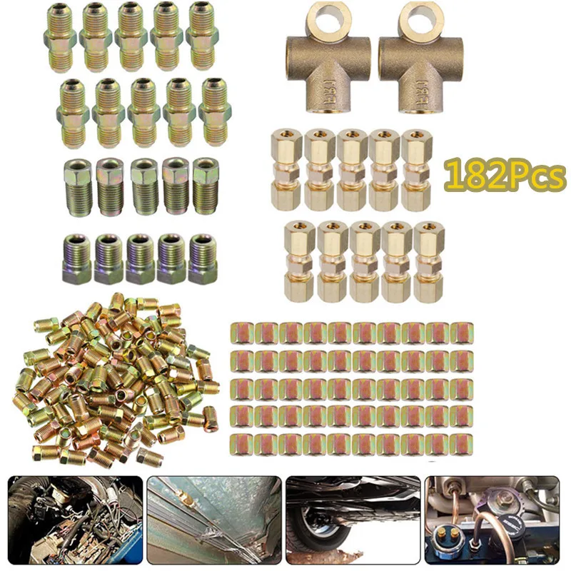 182pcs Brake Hose Line Pipe Connectors Nuts Fittings Screw Male Female Kits 2 3 Way 10mm x 1mm 3/8