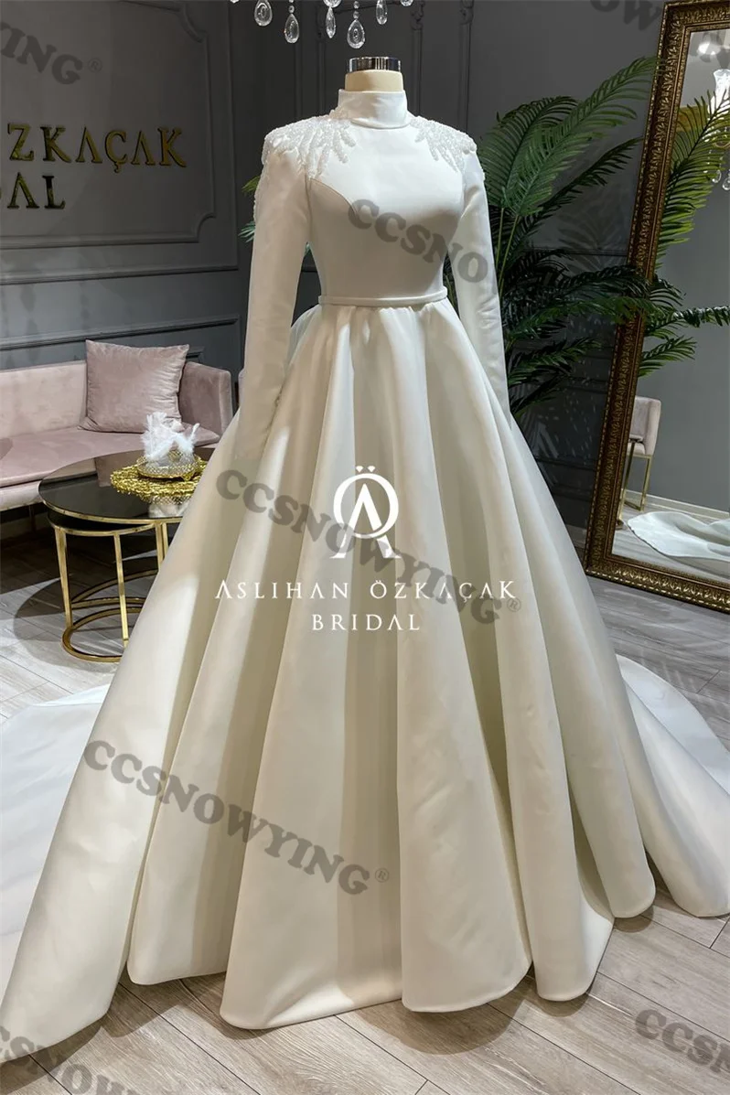 Satin Applique Muslim Wedding Dresses for Bride Long Sleeve High Neck Islamic Bridal Gowns Hijab Arabic Dubai Robe De Mariée