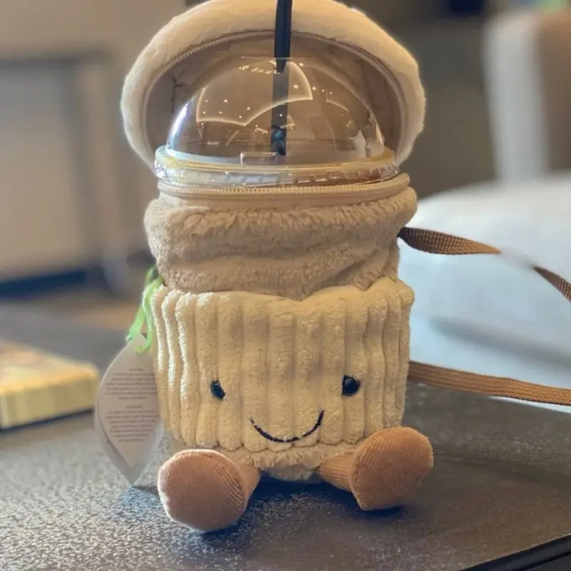 Apricot Lamb 18cm Coffee Milk Tea Plush Shoulder Bag Cute Cup Pink Slung Storage Bag Birthday Christmas Gift Jelly