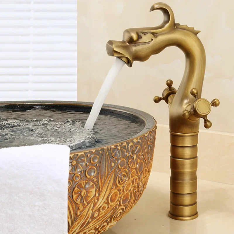 European Antique Dragon Faucet Hot And Cold Brass Tap High-Quality Construction Non-Clogging Large Flow Bathroom Mixer