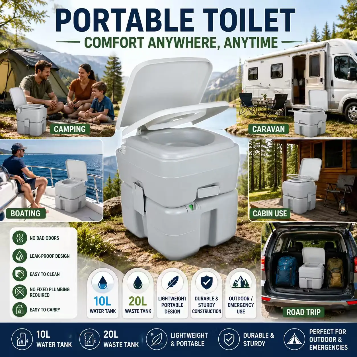 Toilette de camping portable 10L/12L eau potable 20L réservoir d'eaux usées avec pompe manuelle, réservoir amovible, joint anti-odeur et poignées de transport pour camping-car, caravane, bateau, voyage en plein air, usage d'urgence pour adultes et enfants