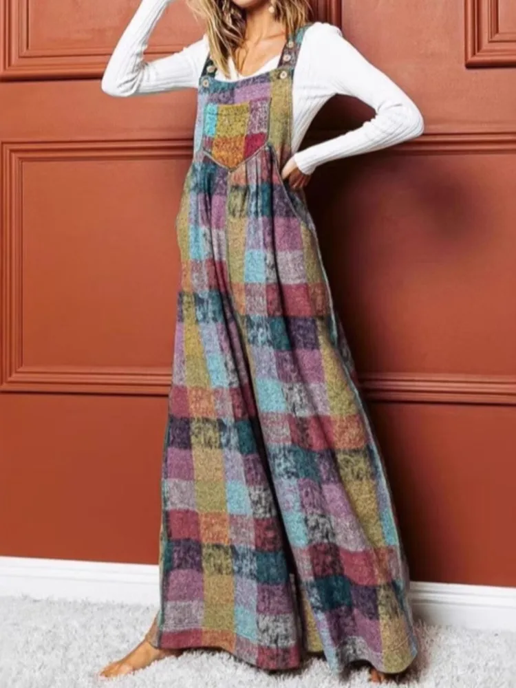 Mode Patchwork Vintage Jumpsuit Voor Vrouwen Casual Mouwloze Zakken Wijde Pijpen Broek Jumpsuits Dame Vakantie Streetwear Kleding