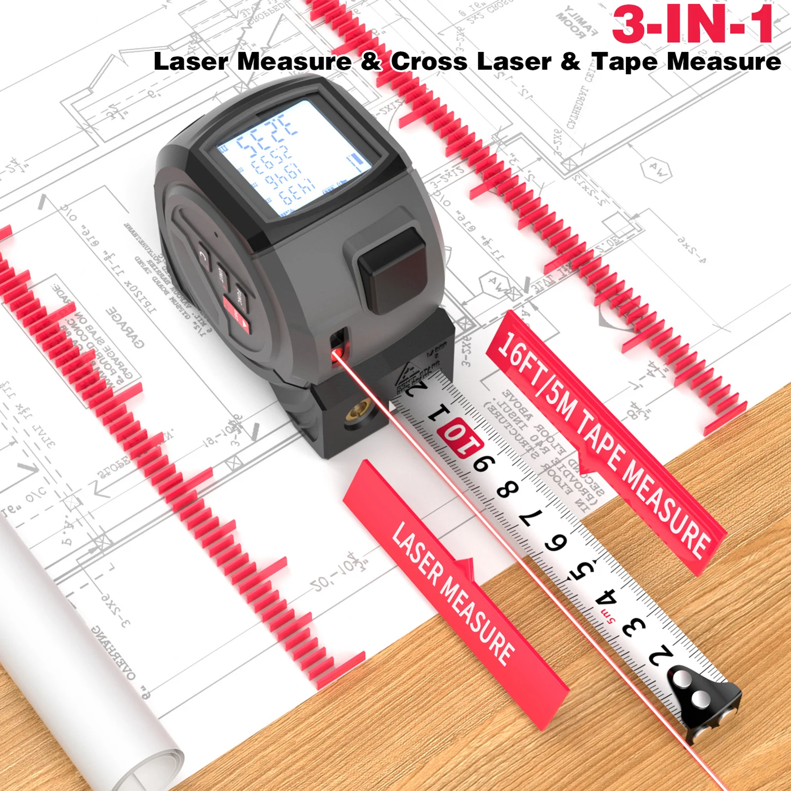 40M/60M Laser Tape Measure 3 in 1 Laser Measure Level-Meter Laser 5M Tape Measure with Pythagorean  M/ft/in Unit Conversion