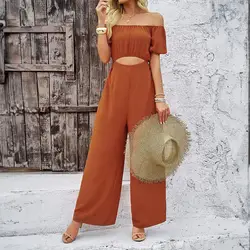 Women's Casual Solid Color Short Sleeved Wide Leg Jumpsuit Spring and Summer 2024