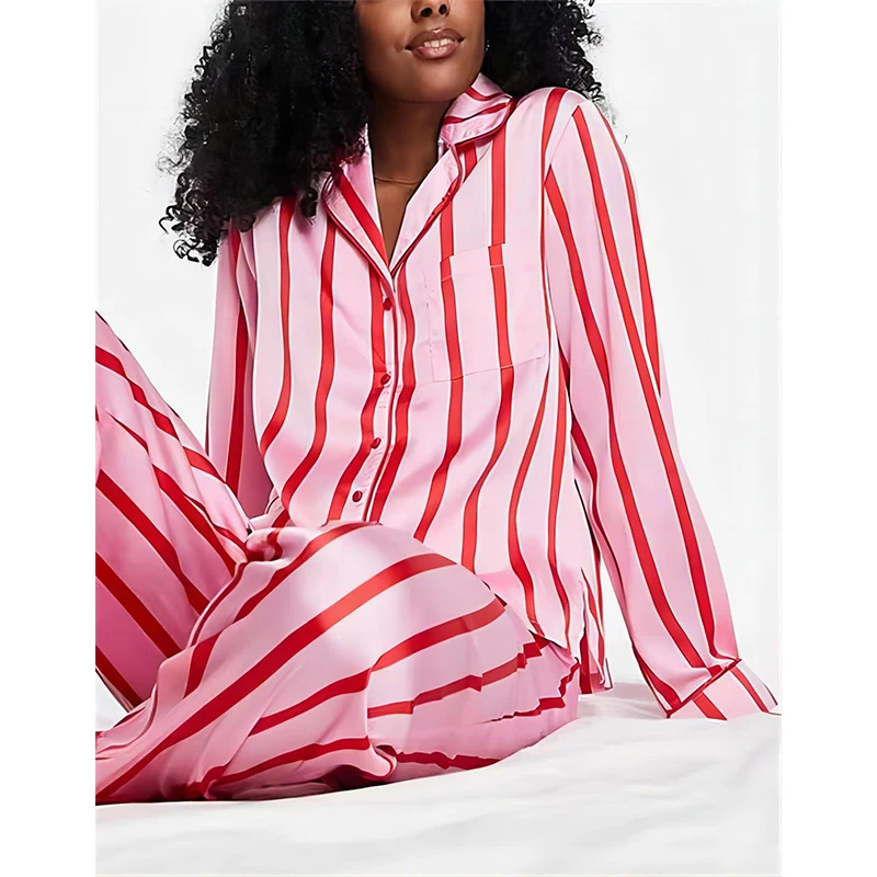 Ling Pink Striped Summer New In Women\'s Sleepwear Pijama Loose Casual 2 Pcs long Sleeve& Pants Sets Loungewear Home Clothe Sets