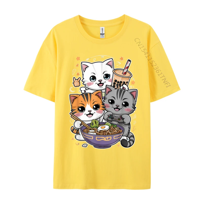 Boba Tea Bubble Tea Gaming Gamer Ramen Cat FunnyNormal Tops Shirts Coupons Pure Cotton Tee-Shirts Men T Shirt Casual