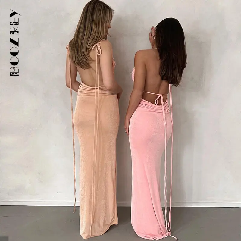 

BoozRey Sexy Backless Solid Bandage Maxi Dress for Women Elegant Spaghetti Strap Evening Dress Outfits Party Club Robe Clothing