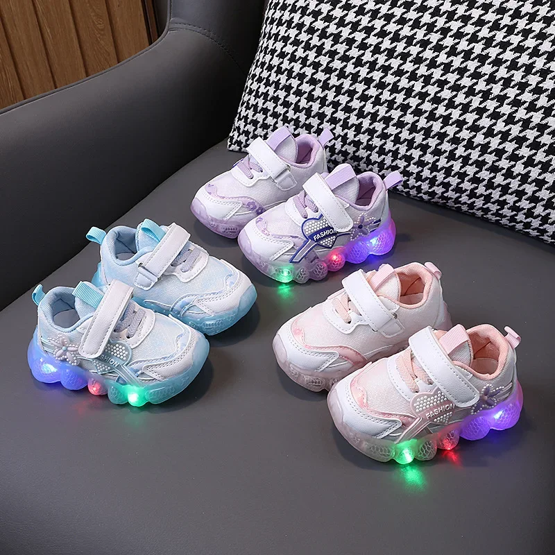 Led Lights Girls Sneaker Fashion Flower Princess Kids Casual Shoe Breathable Children Sports Shoe Luminous Soft Sole Girls Shoes