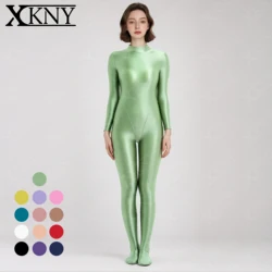XClocKNYoung satin glossy bodysuit High Neck Long Sleeve jumpsuit V-shaped crotch area full body zipper Leotard OIL BODYSUIT