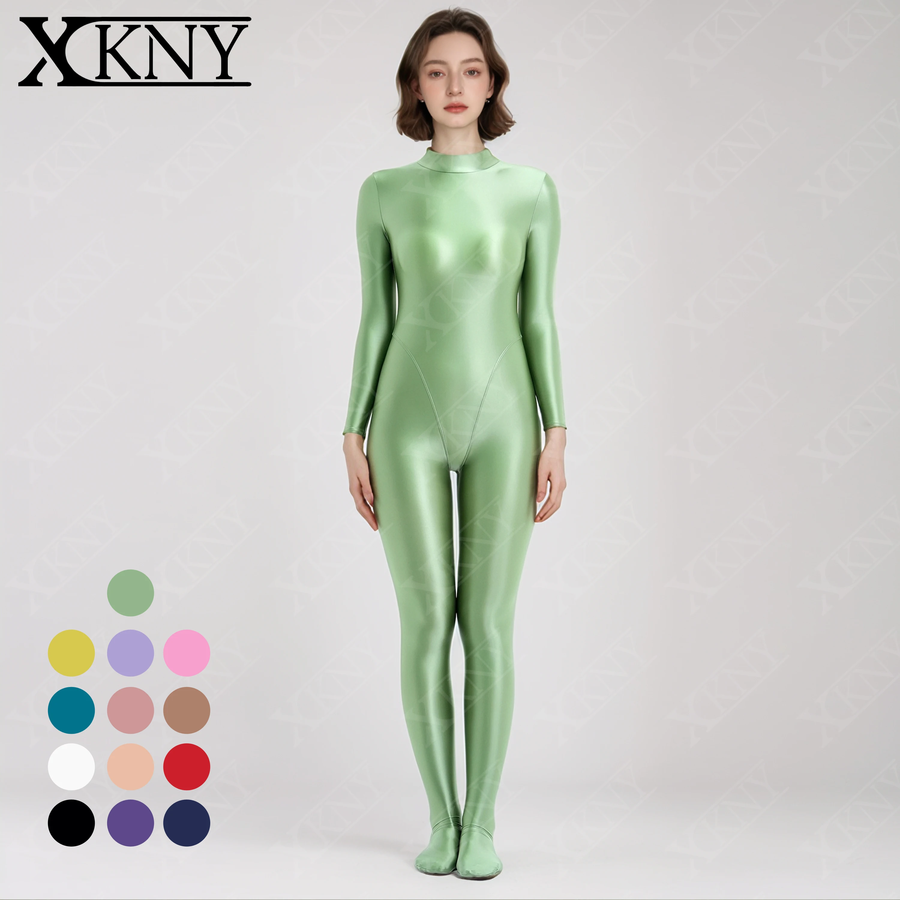 XCKNY Satin Glossy bodysuit High Neck Long Sleeve jumpsuit V-shaped crotch area Unisex full body zipper Leotard OIL BODYSUIT