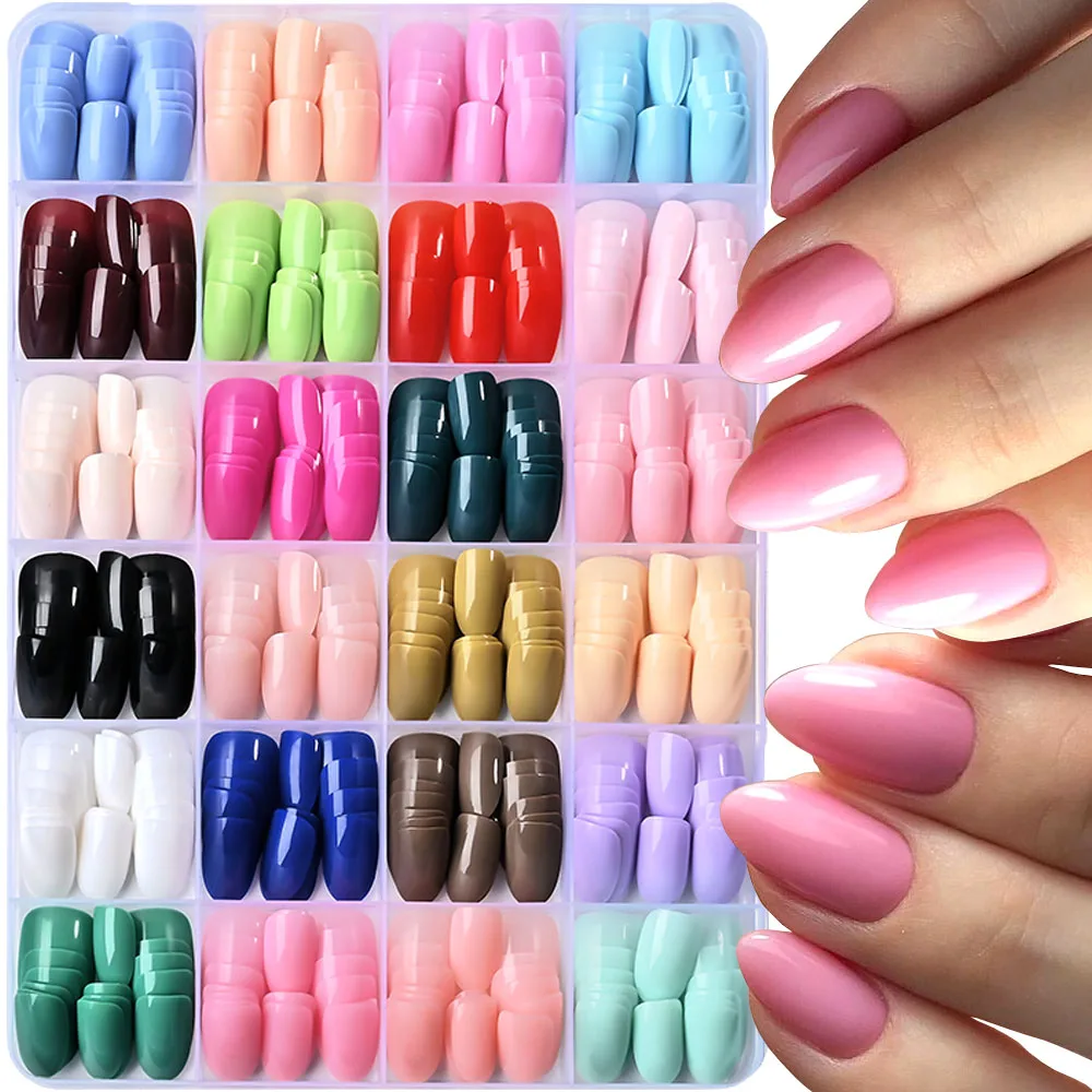 

24 цвета, однотонные накладные ногти с пухлыми миндалями, глянцевые телесные, розовые, синие, 288 шт., накладные ногти с полным покрытием, короткие миндалевидные накладные ногти^&