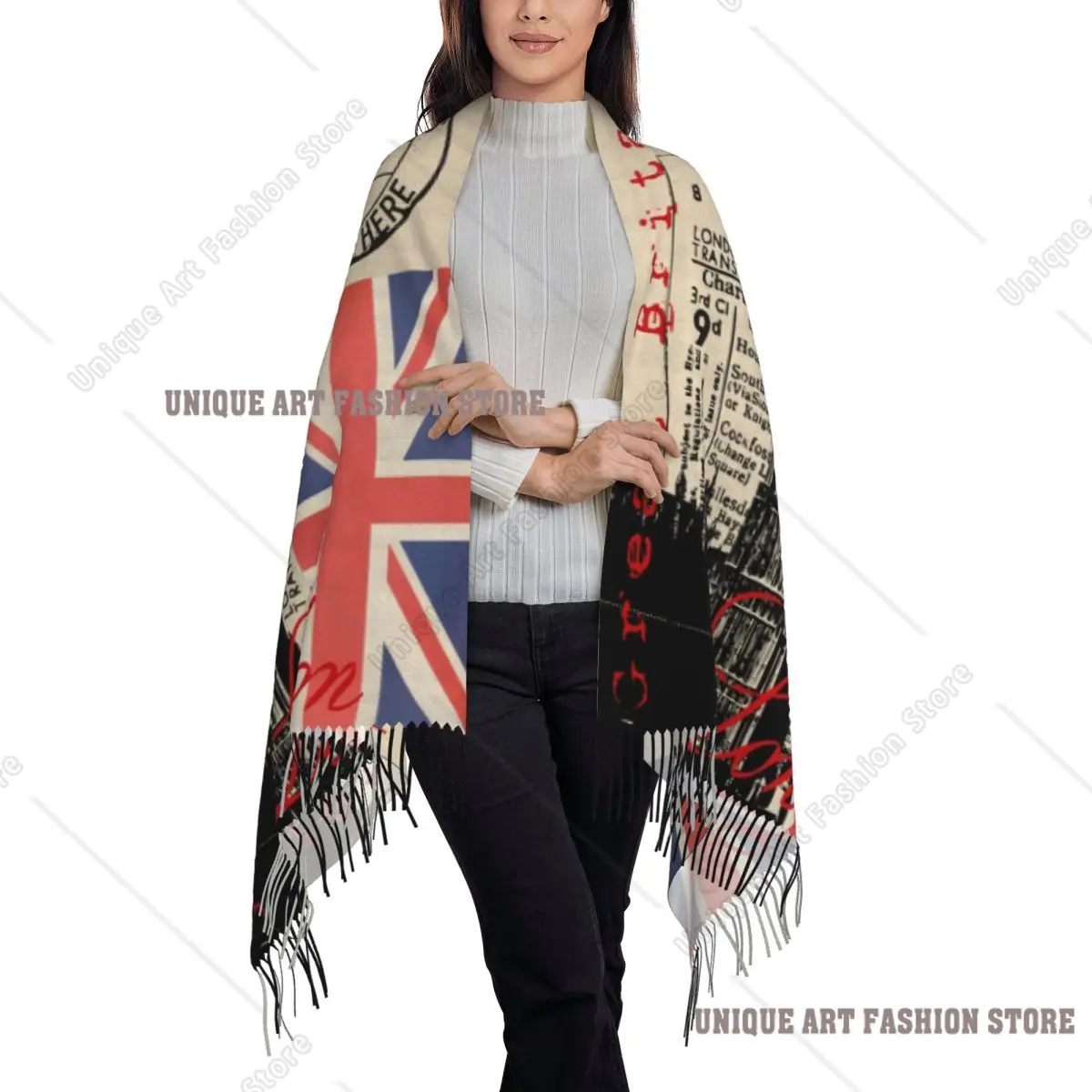 مخصص ريترو خمر لندن شرابة وشاح المرأة شتاء خريف شالات دافئة يلتف الإناث المملكة المتحدة العلم البريطاني الأوشحة