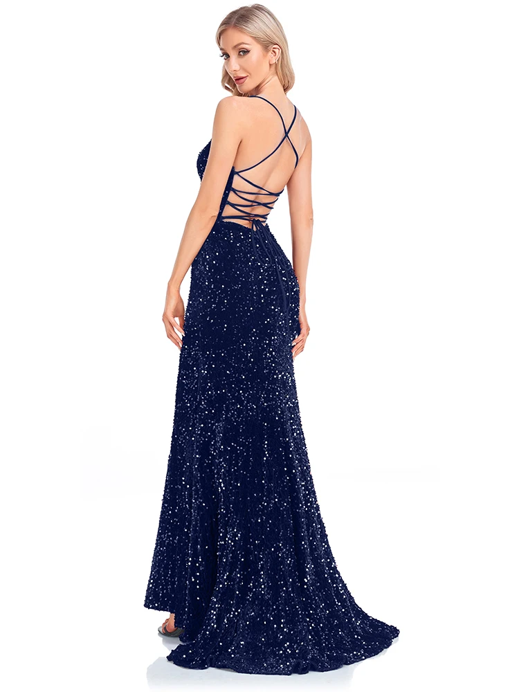 XUIBOL Luxury Blue Sequin Evening Gown Sequin Deep V Neck Mermaid Prom Women Floor Length Dress Backless Sexy Cocktail Dress