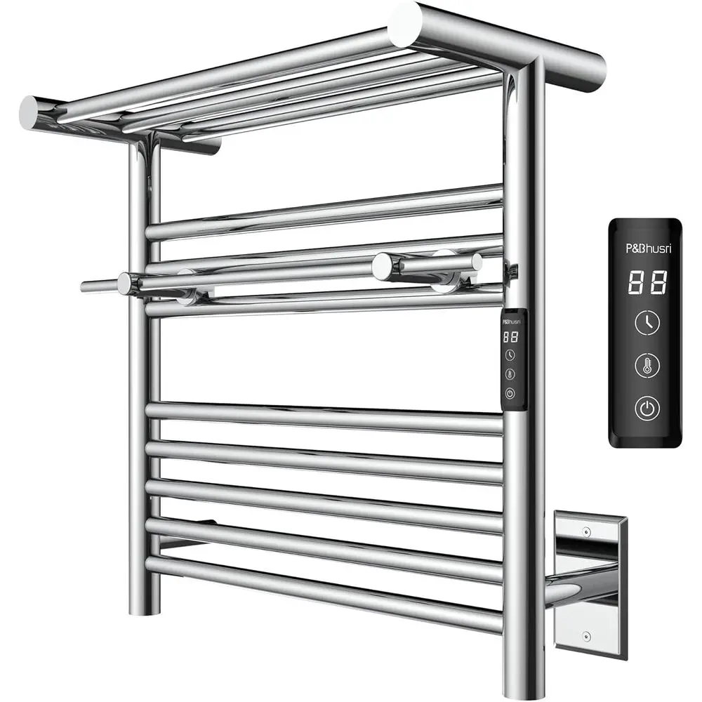 

Heated Towel Rack with Top Shelf, Towel Warmer for Bathroom, H 19.69“ x W 19.69”, Wall Mounted Towel Warmer Rack, Hard-Wired/Plu