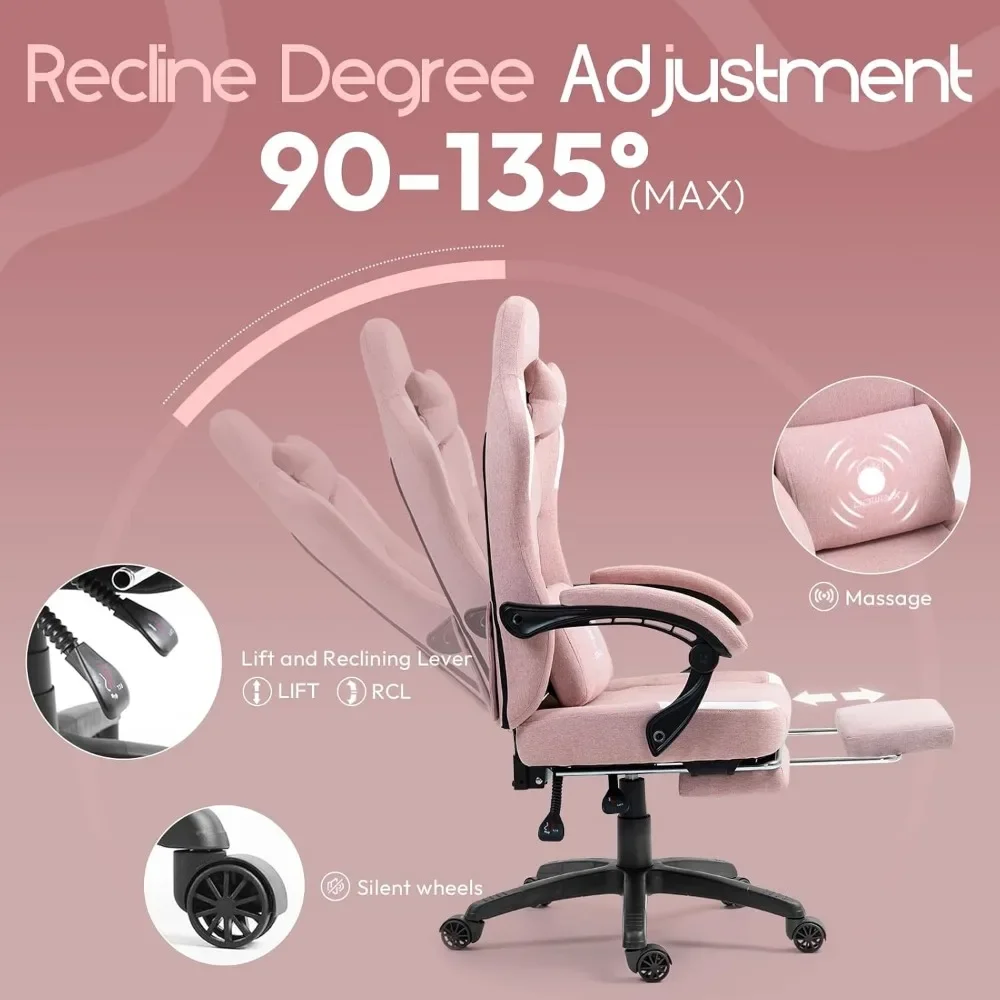 Fabric Gaming Chair with Pocket Spring Cushion,Breathable Computer Chair with Massage Lumbar Support and Footrest, High Back