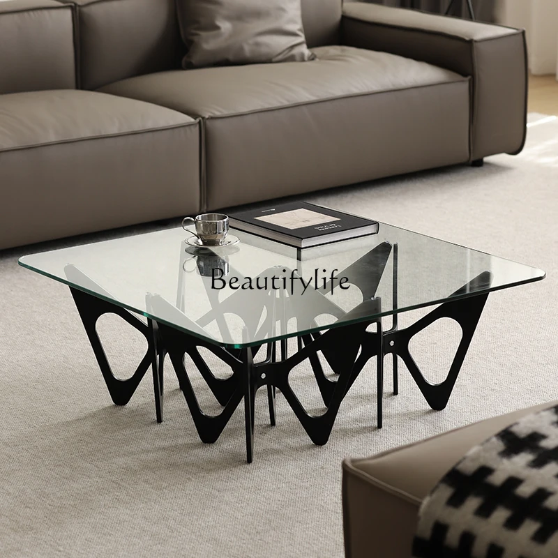 Nordic Italian Minimalist Tempered Glass Living Room Square Coffee Table Oak Black Wooden Handicraft