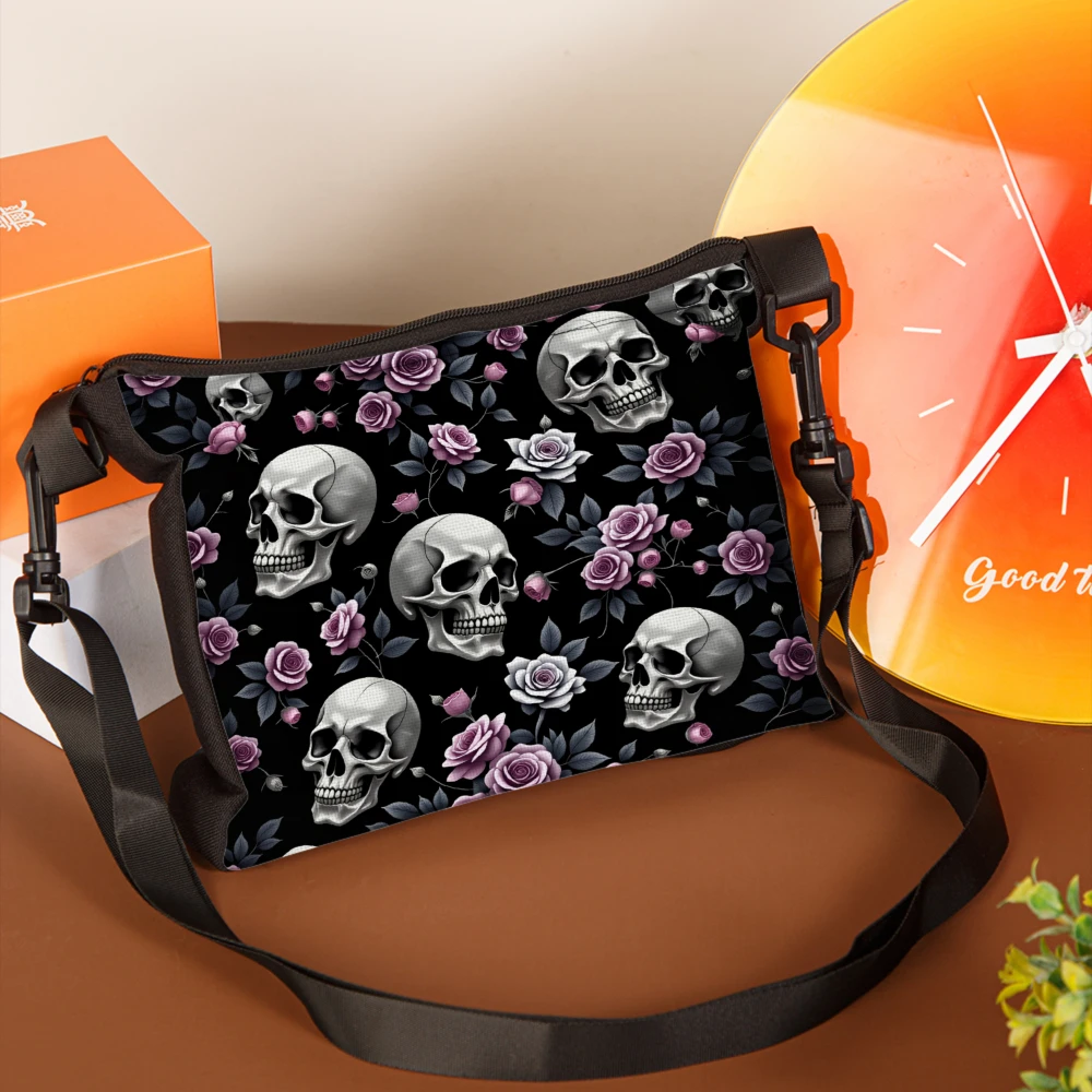 1pc Skull And Rose Print Crossbody Bag Black Gothic Floral Pattern Shoulder Bags For Women Girls Fashion Statement Accessory Per