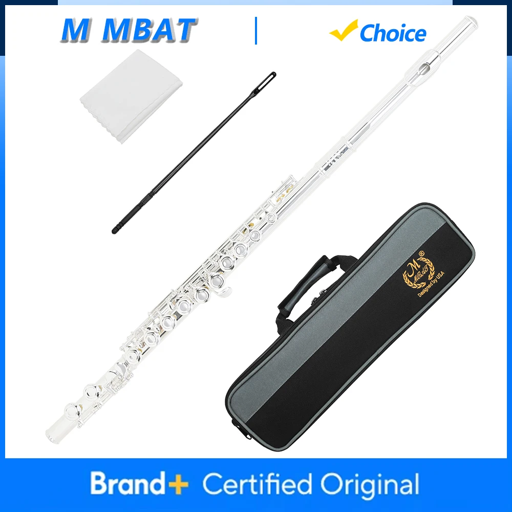 

M MBAT 16-hole Closed Hole Flute C Key Silver-plated White Brass Curved E-key Flute Performance Woodwind Instruments with Case