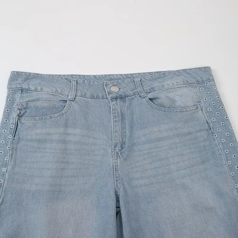 Jean en Denim taille haute brodé pour femme, coupe ample, ajouré, pantalon Long décontracté, nouvelle collection automne