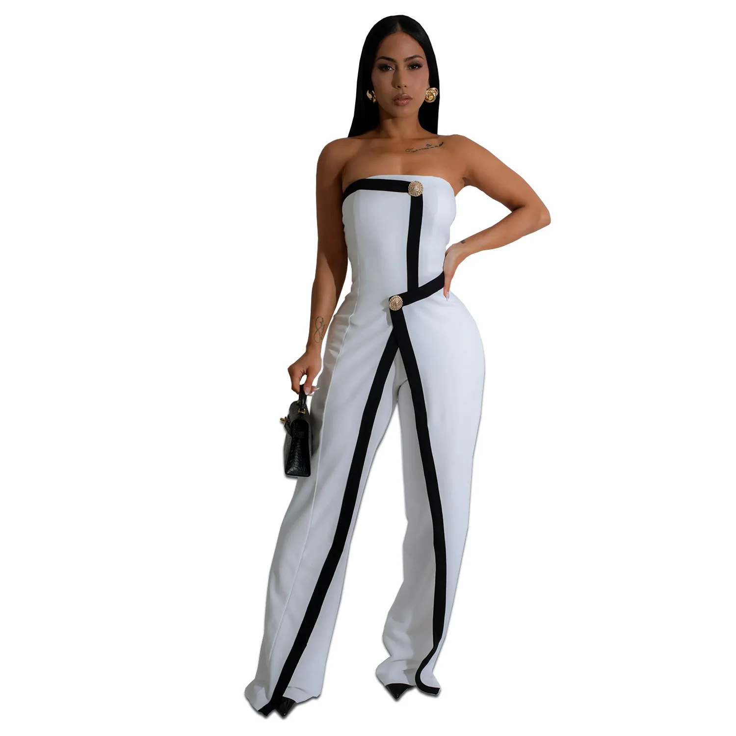 EINY Chic Women's Elegant Button Sleeveless Strapless Irregular Jumpsuits 2025 Wide Leg Outfits Night Club Streetwear One Piece