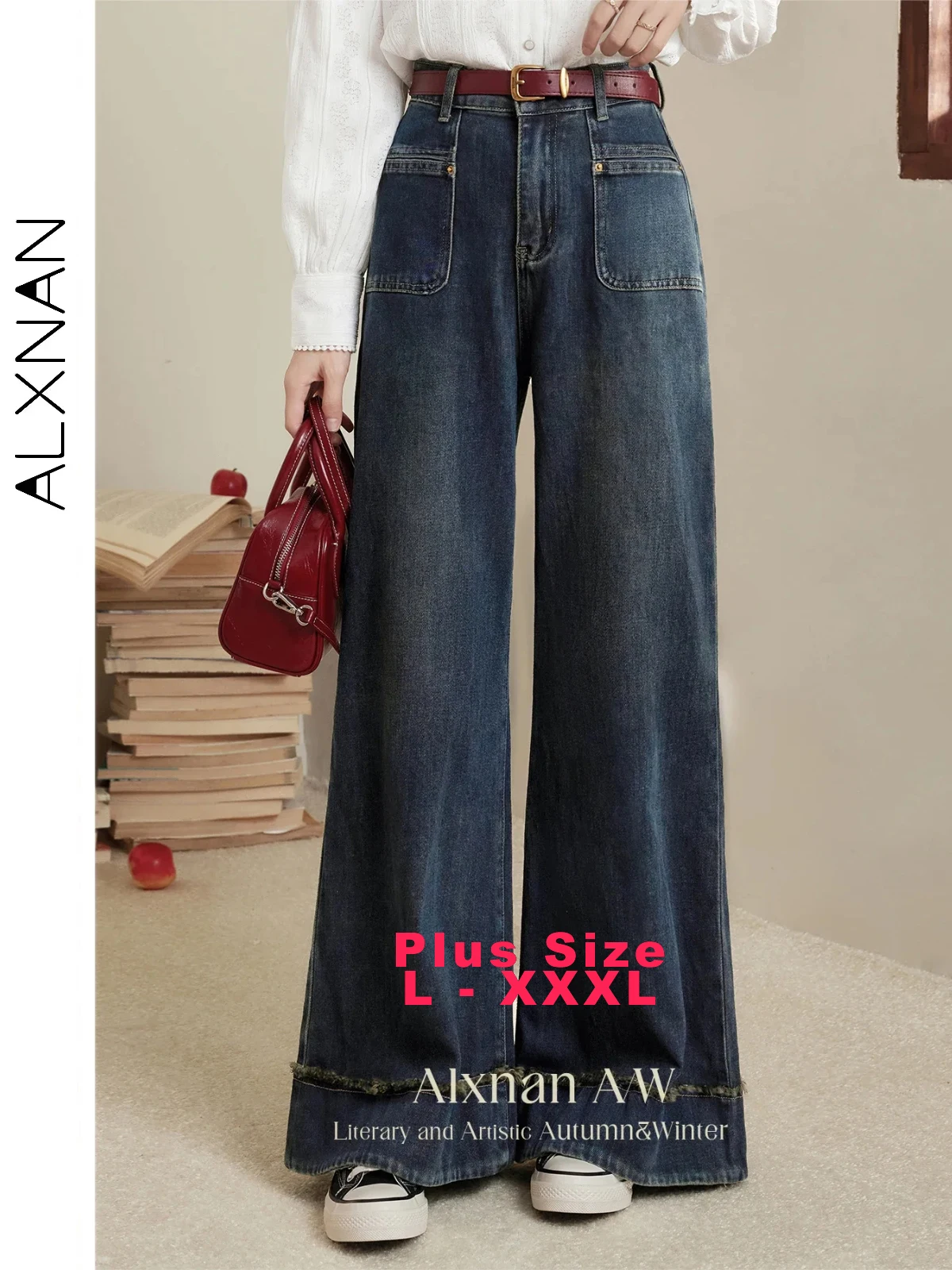 

ALXNAN Women's Plus Size Jeans 2024 Fall Winter Vintage All-match High Waist Straight Loose Wide Leg Pants Female Bottoms D07519