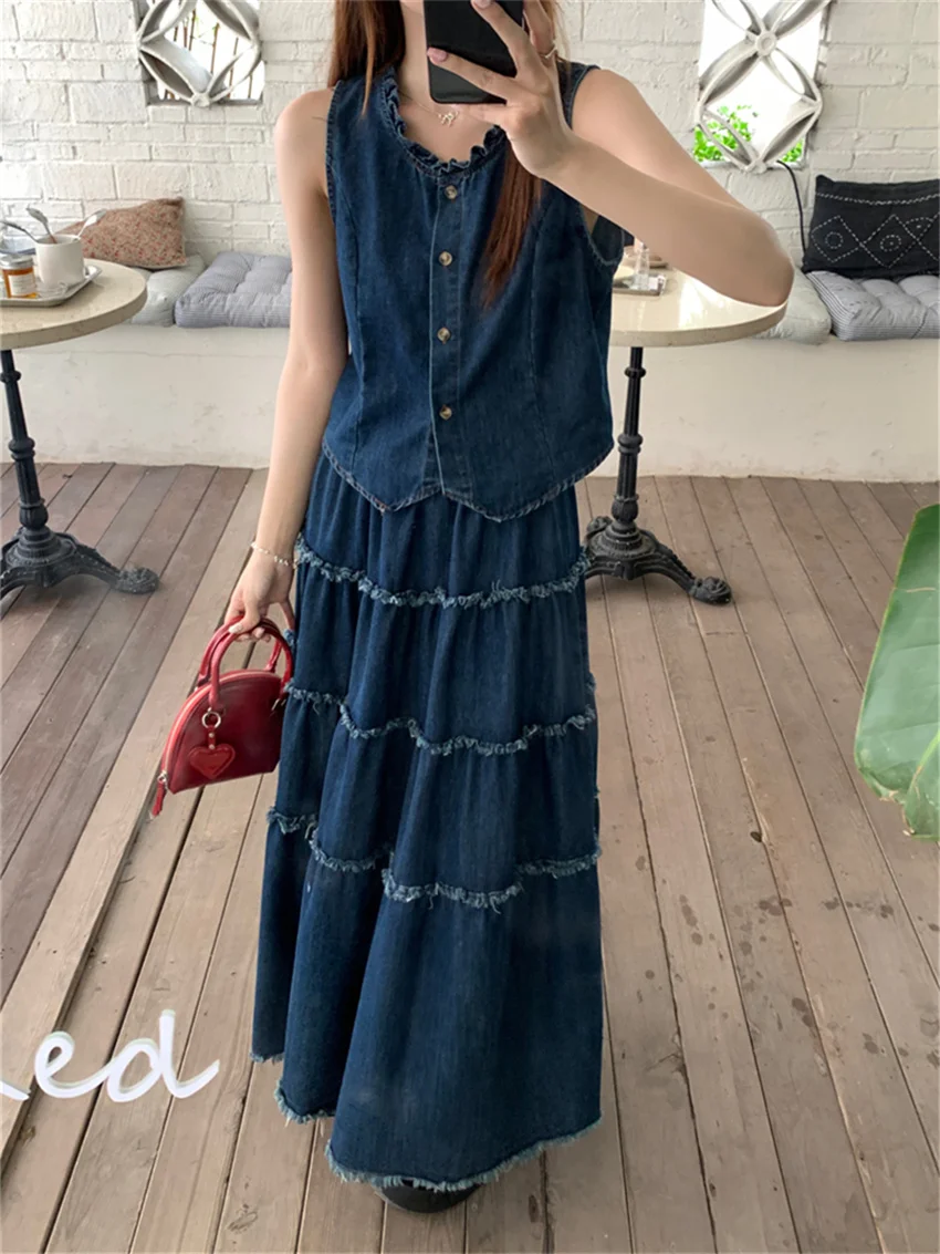 Alien Kitty High Street Sweet Ruffles Denim Vest Coats A-Line Mopping Suits Slim Elegant Chic Loose Summer Skirts Office Lady