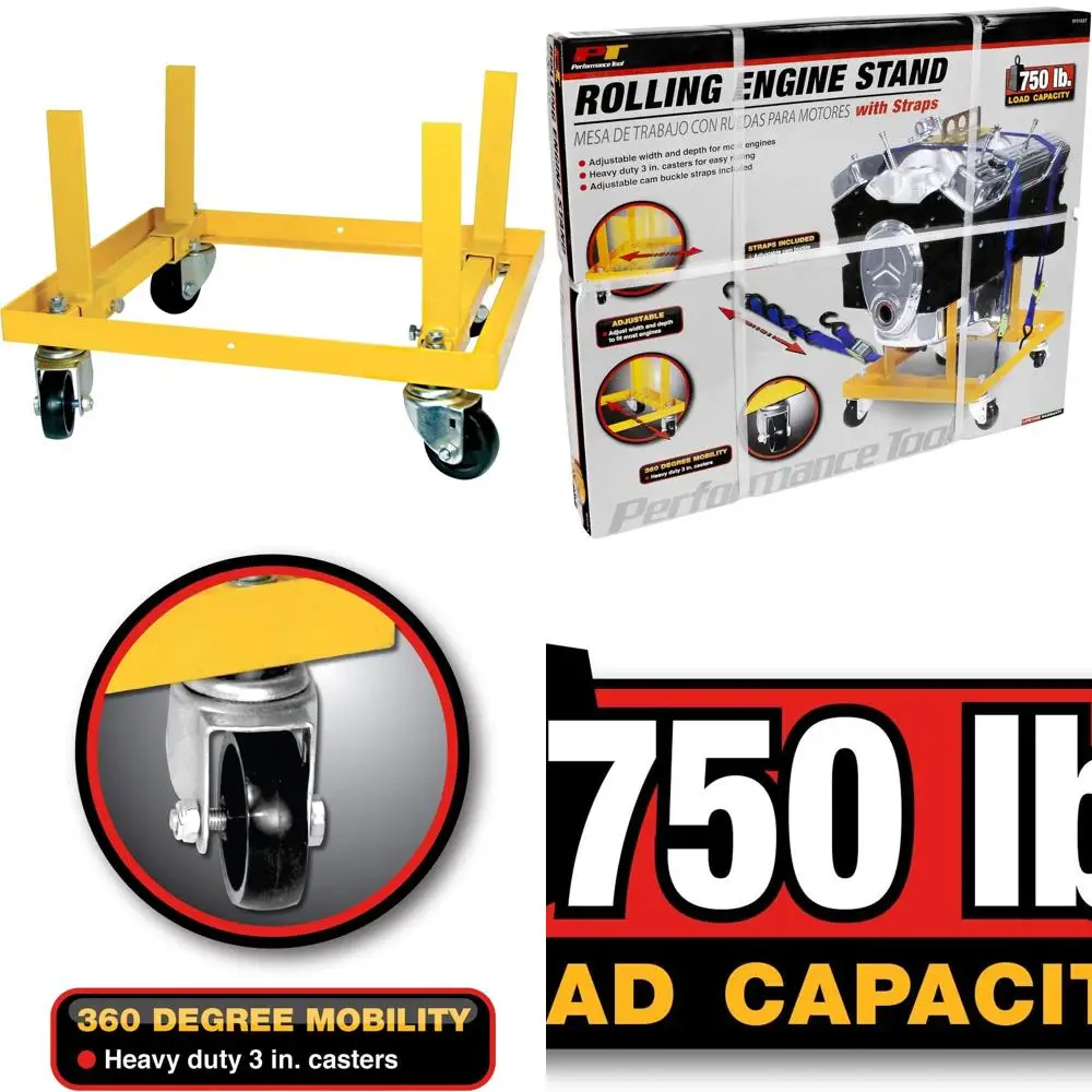 

Инструмент Performance Tool W41037 Подставка для вращающегося двигателя с ремнями для технического обслуживания автомобиля, желтая, емкость 750 фунтов