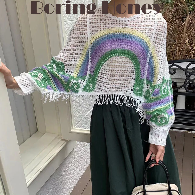 

Boring Honey New Spring Autumn Crocheted Bat Sleeve T-shirt Women's Design Sense Fringed Blouse T-shirt Hollow Out Rainbow Tops
