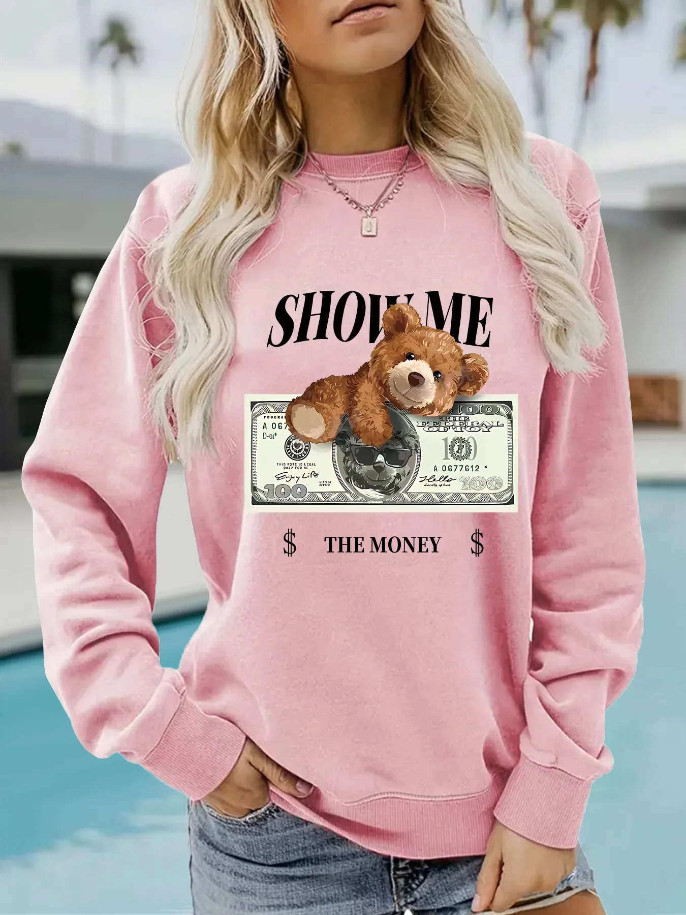 تيدي بير الأوراق النقدية المطبوعة المرأة عارضة طويلة الأكمام جولة الرقبة المطبوعة البلوز البلوز و الدافئة البلوز البلوز #5