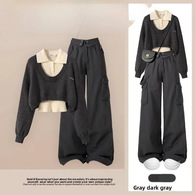 

Korean Sle Loose Slimming Knitted Base irt Sweater High Waist Workwear Pants Tee Piece Set Spring New Arrival plus Size