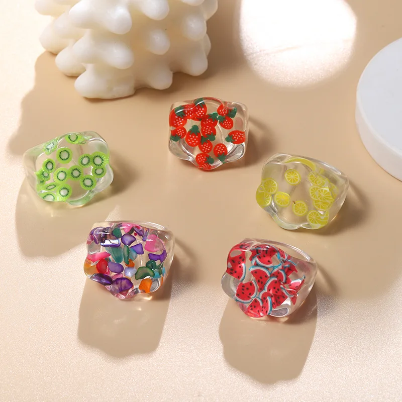 

New Ins Sle Creative Summer Fruit Resin Transparent Ring Fre Simple Geometric Finger Ring Faionable Jewelry