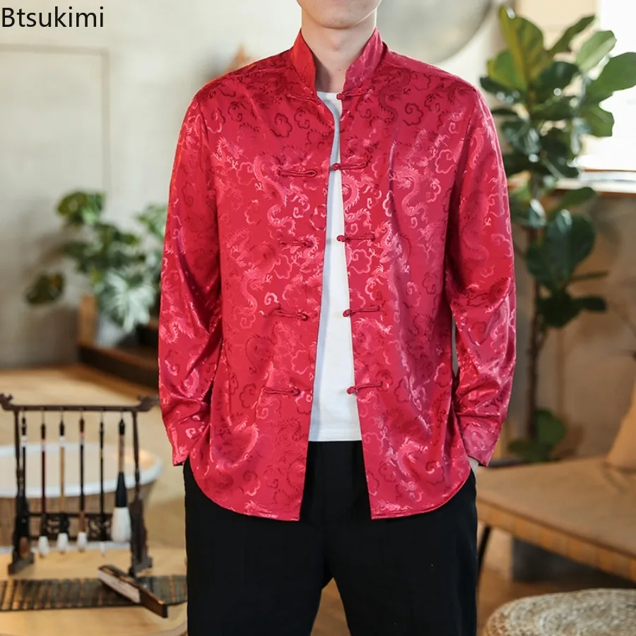 

2025 Spring Summer Men's Satin Mandarin Collar Silk Shirts Collar Chinese Dress Shirt Large Size Dragon Red Year Clothes for Men