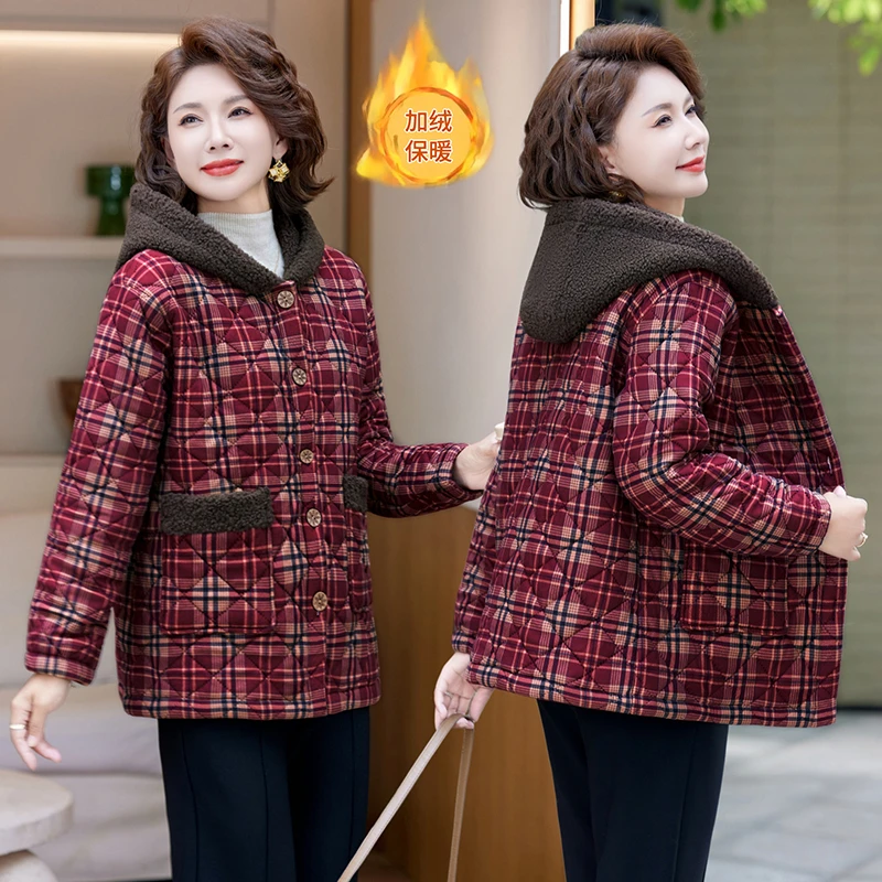 Thickened Fleece Lined Hooded Cotton Jacket for Mom Middle Aged And Elderly Women Winter Warm Casual Outerwear